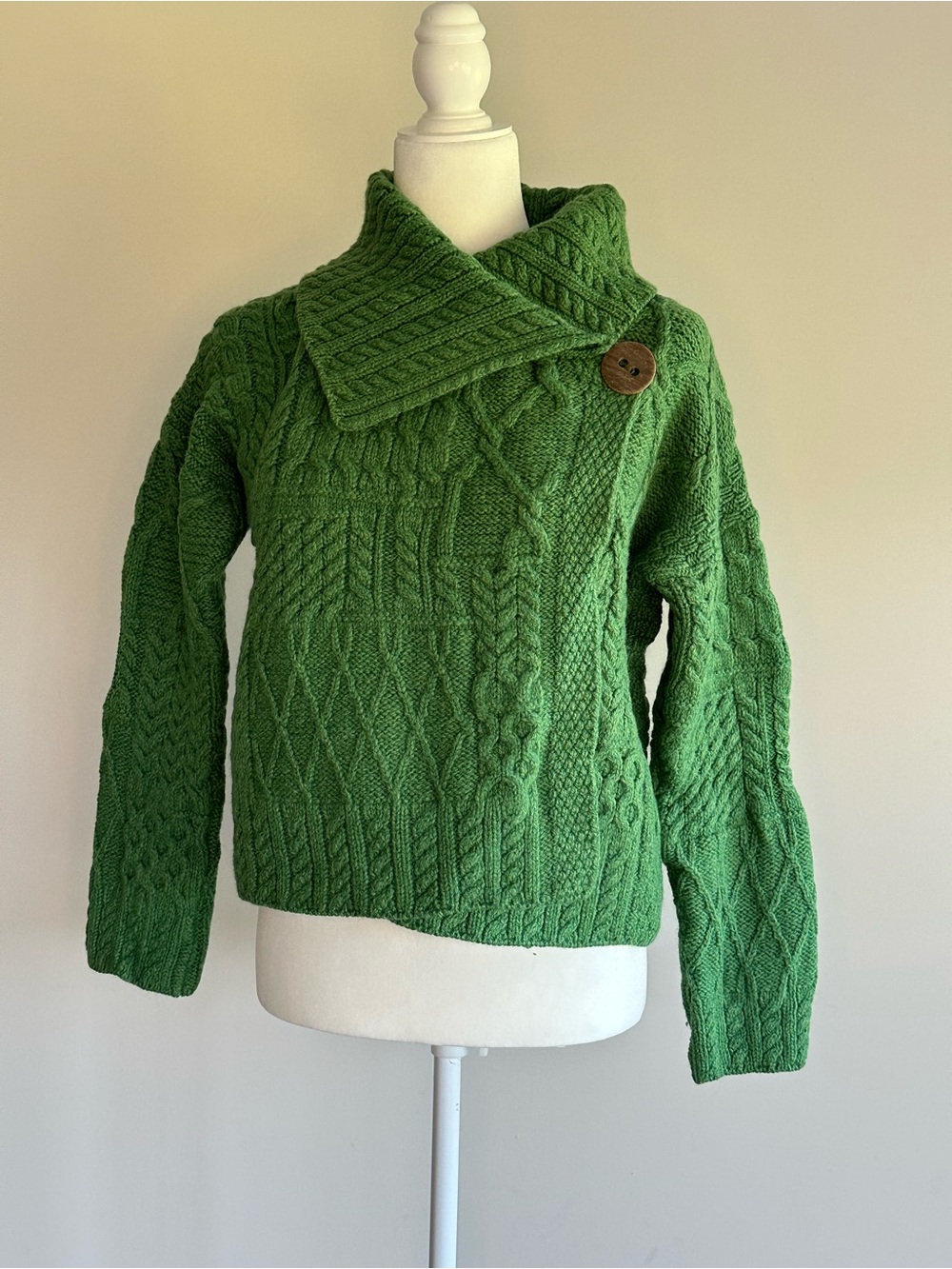 Green Cable Knit Shawl Collar Sweater